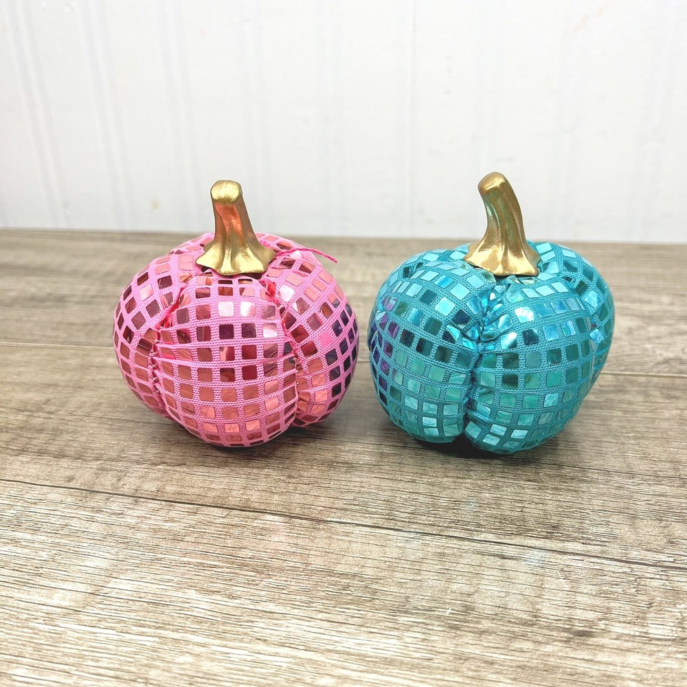 Pink and Teal Disco Ball Pumpkins Set of 2 Fall Halloween Decor Gold Stem 3.5"